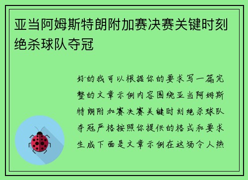 亚当阿姆斯特朗附加赛决赛关键时刻绝杀球队夺冠